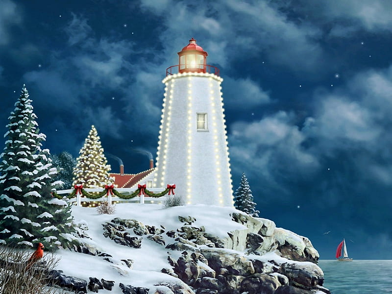 Christmas Light, decoration, trees, clouds, artwork, lighthouse, sea, snow, painting, sailboat, HD wallpaper