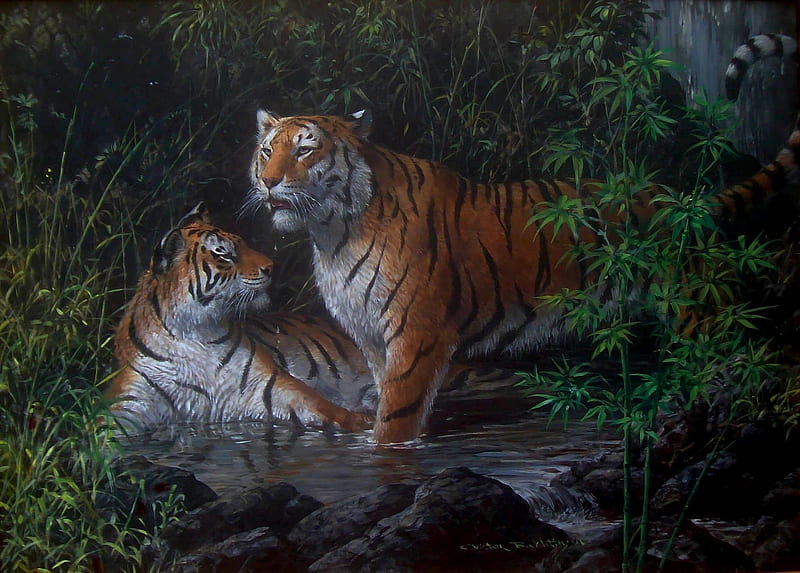 Tigers, Art, Luminos, Orange, Tiger, Animal, Green, Painting, Pictura