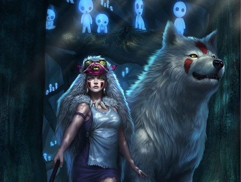 Princesa mononoke, bosque, art, luminos, juego, fantasía, niña, lobo,  blanco, Fondo de pantalla HD | Peakpx