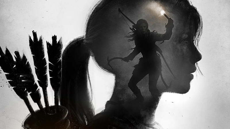 Lara Croft, art, luminos, game, black, raise of the tomb raider, arrow, fantasy, girl, white, light, HD wallpaper