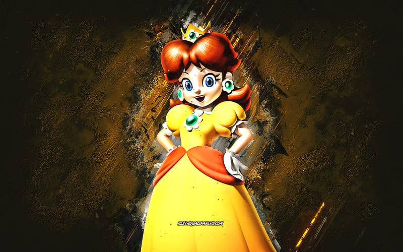 Princess Daisy, Super Mario, Mario Party Star Rush, characters, yellow stone background, Super Mario main characters, Princess Daisy Super Mario, HD wallpaper