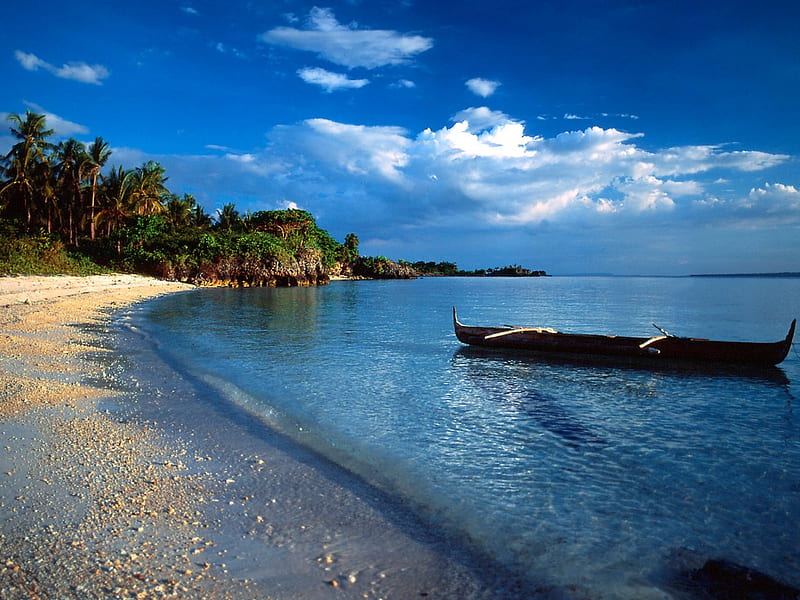 perfect, wet, ocean, sky, clouds, beach, boat, sand, water, nature, blue, HD wallpaper
