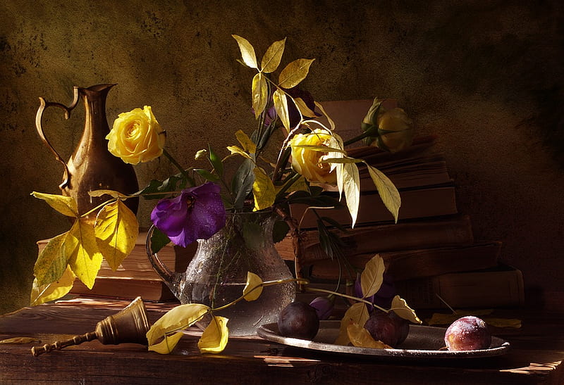 still life, pretty, rose, books, yellow, bonito, bell, old, fruit, graphy, leaves, nice, flowers, plums, harmony, lovely, roses, water, cool, purple, bouquet, flower, HD wallpaper