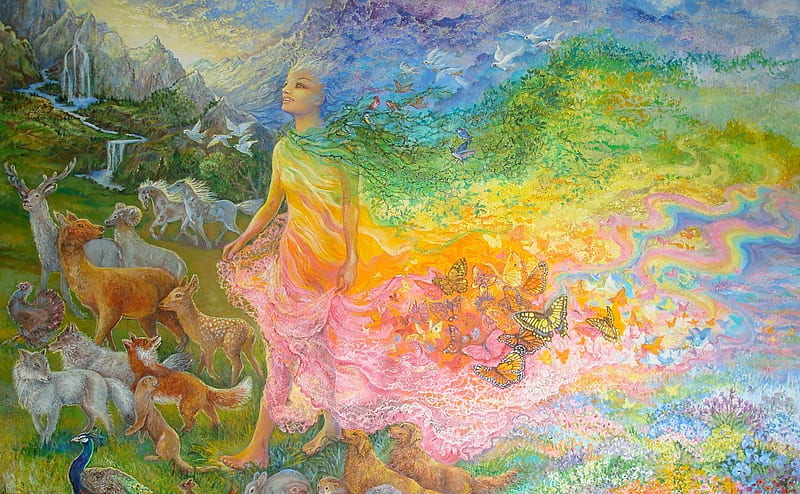 Gladness of Gaia, josephine wall, pretty, art, fantasy, girl, digital, rainbow, HD wallpaper