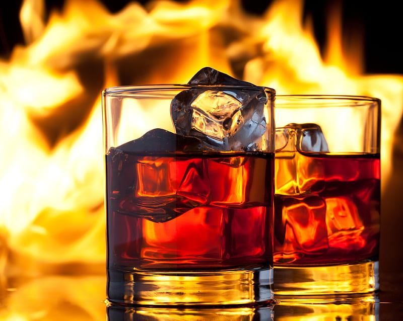 Whiskey, alcohol, alcohols, drink, fire, flame, glasses, ice, lame, HD wallpaper