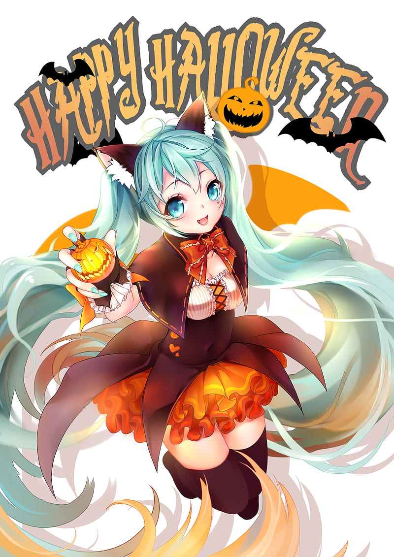 pumpkin, Halloween, witch, nekomimi, neko ears, animal ears, Hatsune Miku, Vocaloid, HD phone wallpaper