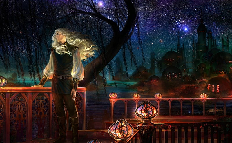 Magical night, stars, lantern, man, prince, dark, magical, garden, light, night, HD wallpaper