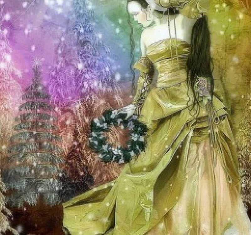 ~Lady at Christmas Time~, wreath, dress, holidays, digital art, xmas and new year, hair, beautiful girls, manipulation, emotional, girls, model, christmas, xmas trees, colors, creative pre-made, winter, cool, weird things people wear, backgrounds, lady, HD wallpaper