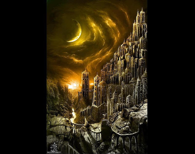 Amber Citadel, fantasy, moon, digital art, palace, night, HD wallpaper
