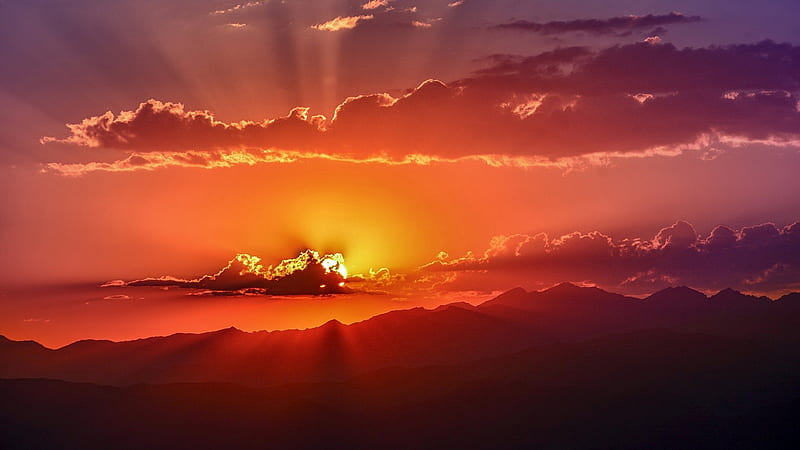 Sun Behind Clouds, sun, hot, sunset, sunrise, sunshine, sky, clouds, Firefox theme, orange, fire, HD wallpaper