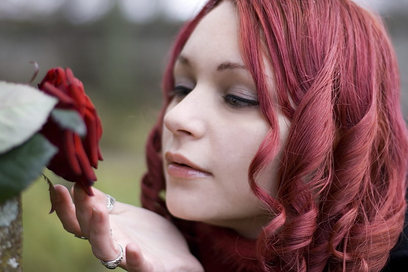 Red Rose, goth, red, hair, girl, model, rose, people, bonito, HD ...