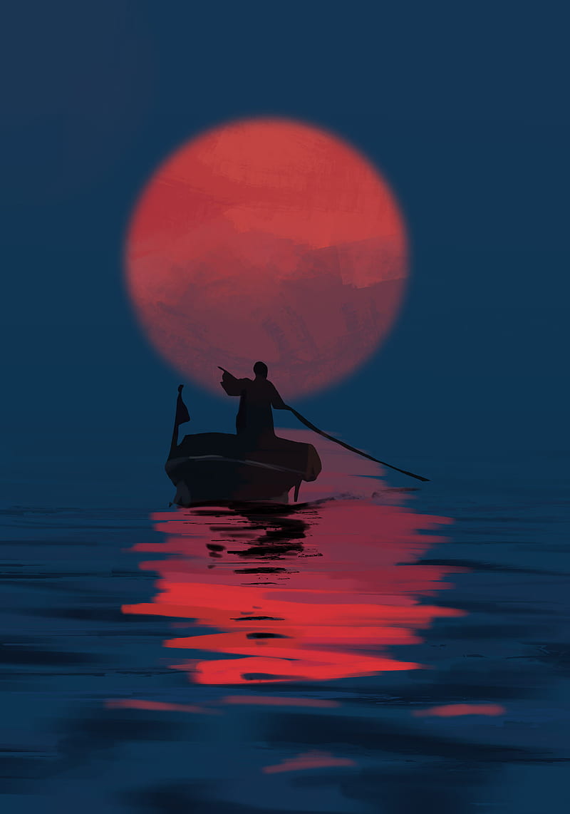 traveler, silhouette, boat, sunset, sun, art, HD phone wallpaper