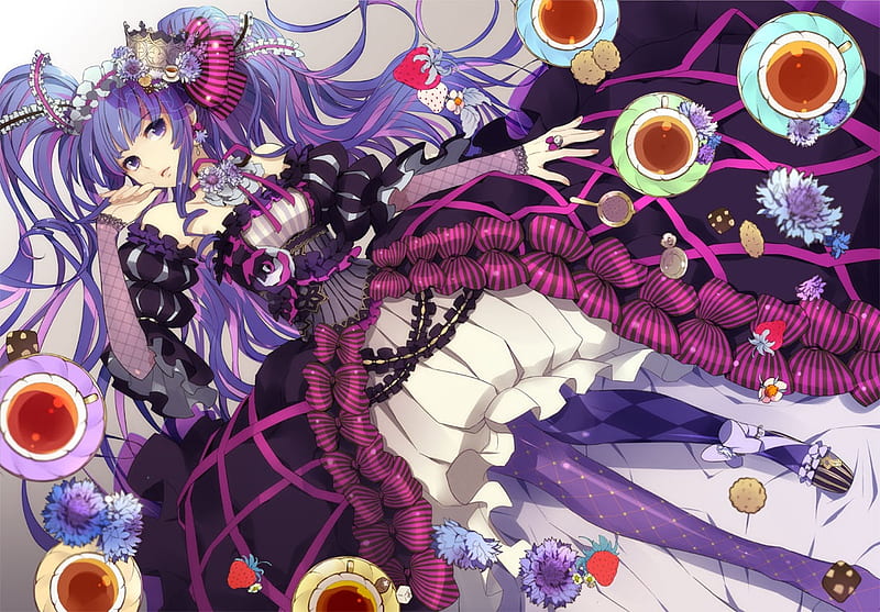 Purple Anime, queen, bow, tea, anime, flowers, beauty, long hair, cups, pigtails, ribbon, plates, roses, heels, jewelry, cute, kawaii, girl, purple, crown, frills, HD wallpaper