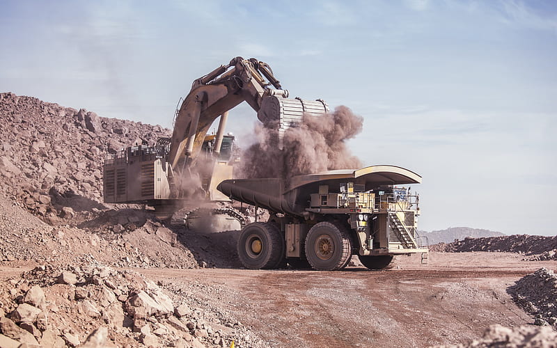 large excavator, mining dump truck, loading stones, heavy machinery, mining loader, HD wallpaper