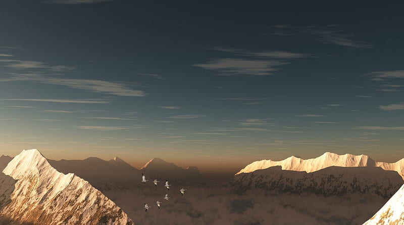 cranes in a v formation over mountains, formation, mountains, flying, peaks, birds, clouds, HD wallpaper