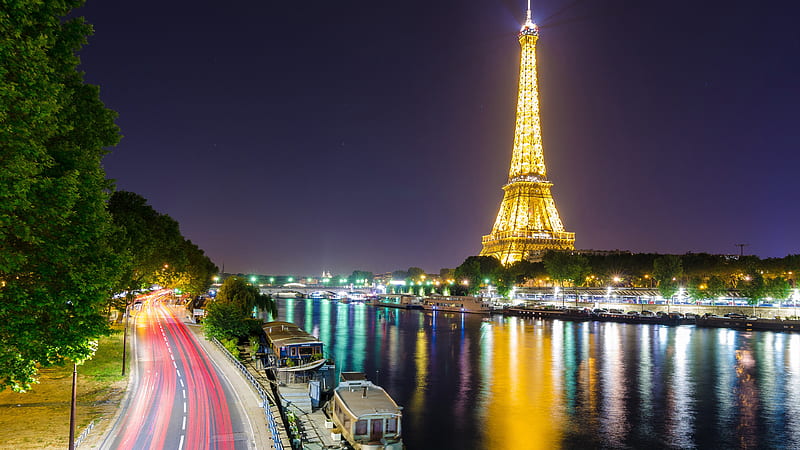 Paris Eiffel Tower With Yellow Lights Lake With Boats And Road On Side With Background Of Sky Travel, HD wallpaper