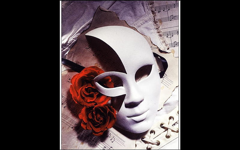 The Phantom of the Opera , disguise, sheet music, roses, mask, corset, HD wallpaper