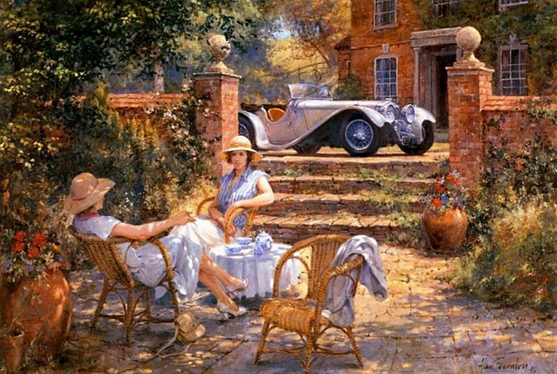 Teatime, table, house, tea, ladies, two, entertainment, car, summer, sitting, garden, nature, gradina, outdoor, HD wallpaper