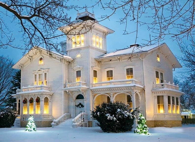 Beautiful Victorian Houses Eugene Oregon, Christmas, Tree, Snowman, Snow, bonito, HD wallpaper