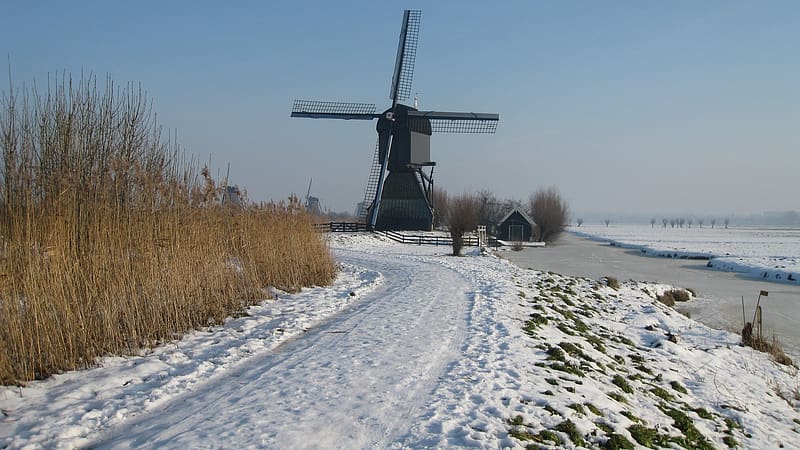 Windmill in snow, Kinderdijk, Holland, landscape, road, netherlands, mill, HD wallpaper