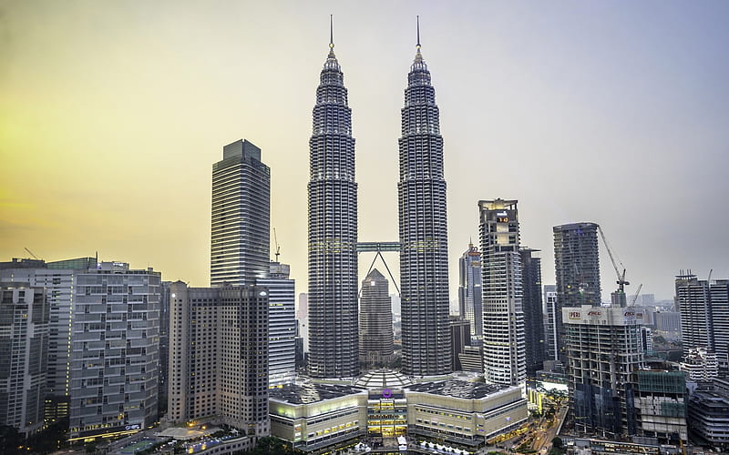 Petronas Towers, evening, skyscrapers, Kuala Lumpur, Malaysia, sunset, Asia, Petronas Towers at evening, HD wallpaper