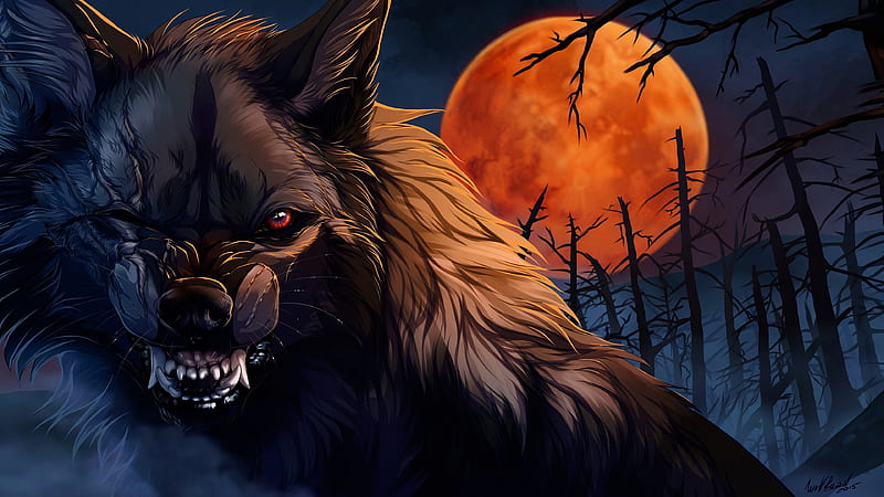 wolf, red moon, fantasy creatures, scary, Fantasy, HD wallpaper