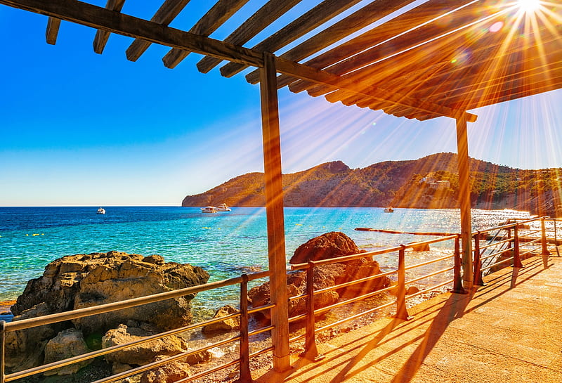 Mallorca, rest, vacation, glow, lovely, view, pier, bonito, sky, sea, paradise, trip, rays, summer, island, tropics, HD wallpaper