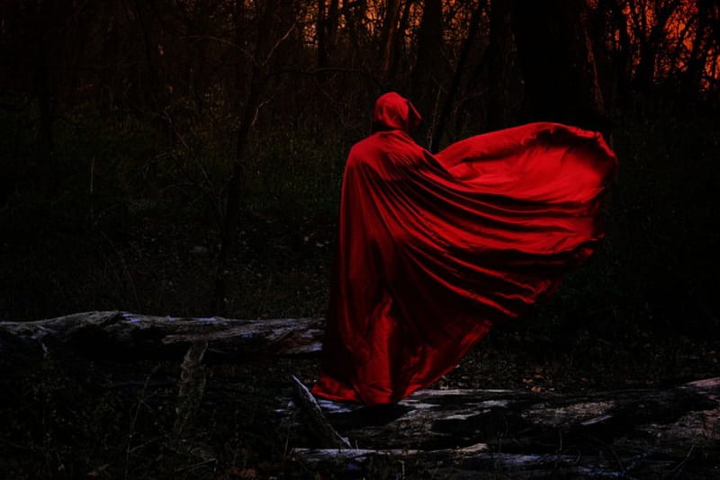 Scarlet Woman, Person, Forest, Cape, Red, Walk, dark, Trees, Cloak, Woman, Hood, Scarlet, HD wallpaper