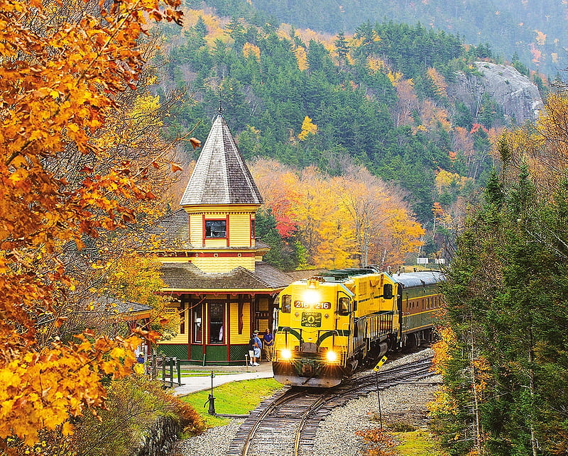 Scenic Train, station, leaves, railways, trees, mountains, HD wallpaper