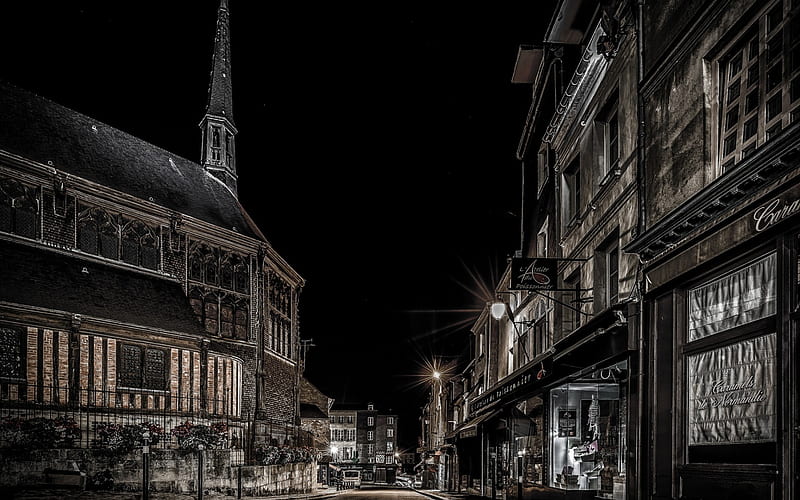 Honfleur, night, night streets, lights, old houses, France, Normandy, HD wallpaper
