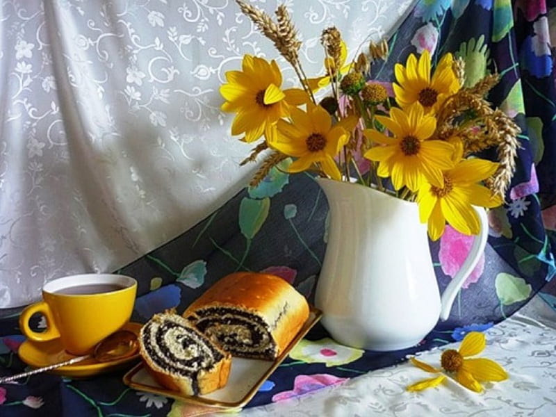 Still life, cake, yellow, vase, abstract, tea, graphy, sponge cake, cup, flowers, nature, HD wallpaper