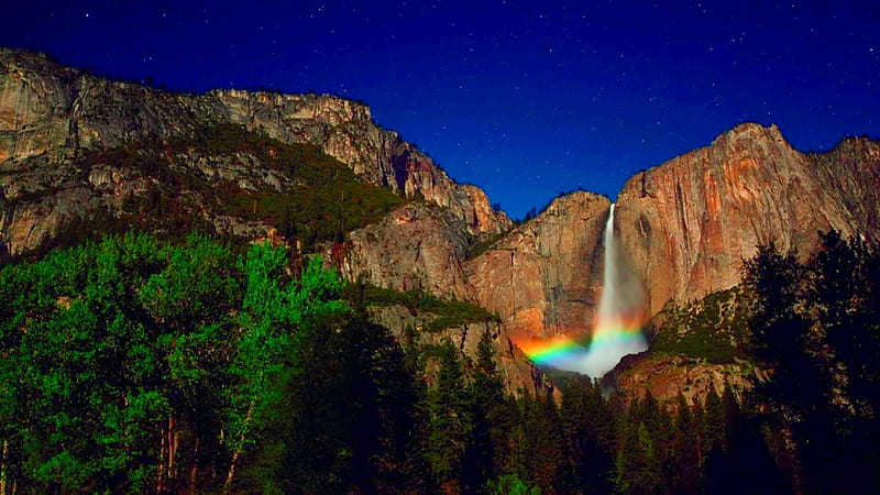 Yosemite at Starry Night, california, waterfall, colors, trees, landscape, HD wallpaper