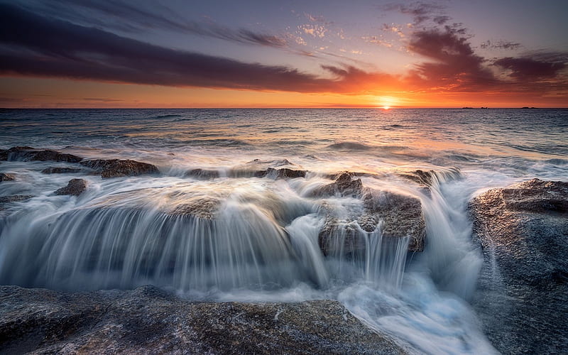 Overflow, sunset, ocean, beach, rocks, clouds, Australia, HD wallpaper