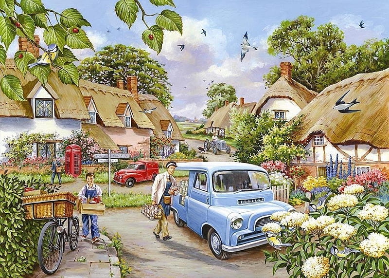 Morning Delivery, tractor, cottages, painting, vans, flowers, milkman, vintage, HD wallpaper