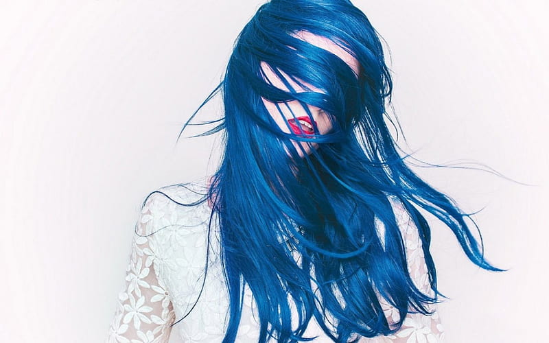 Blue wig, Girl, Wig, white dress, blue, HD wallpaper