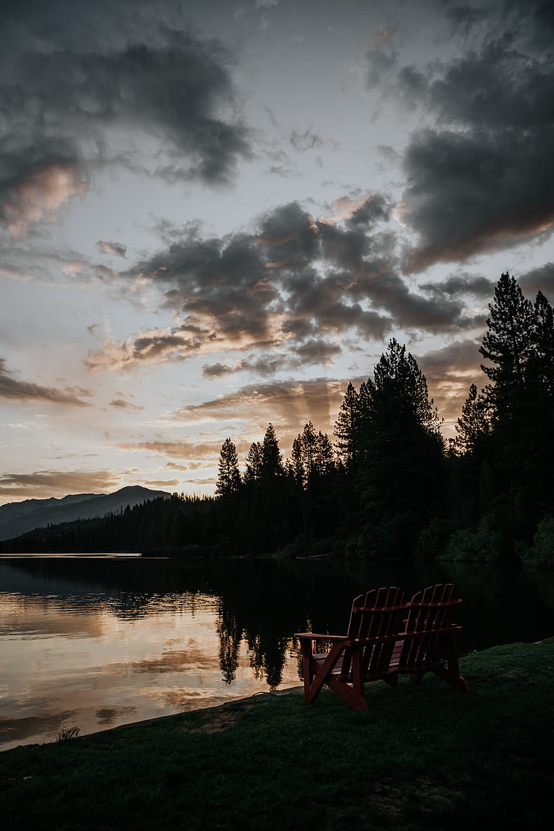lake, shore, bench, dark, dusk, HD phone wallpaper