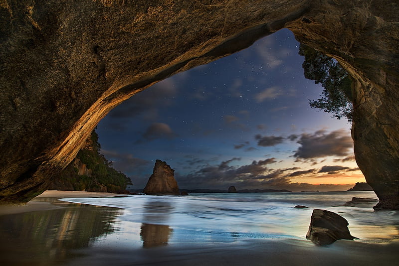 Cathedral Cove, New Zealand, beach, Rock, Bay of water, Island, HD wallpaper