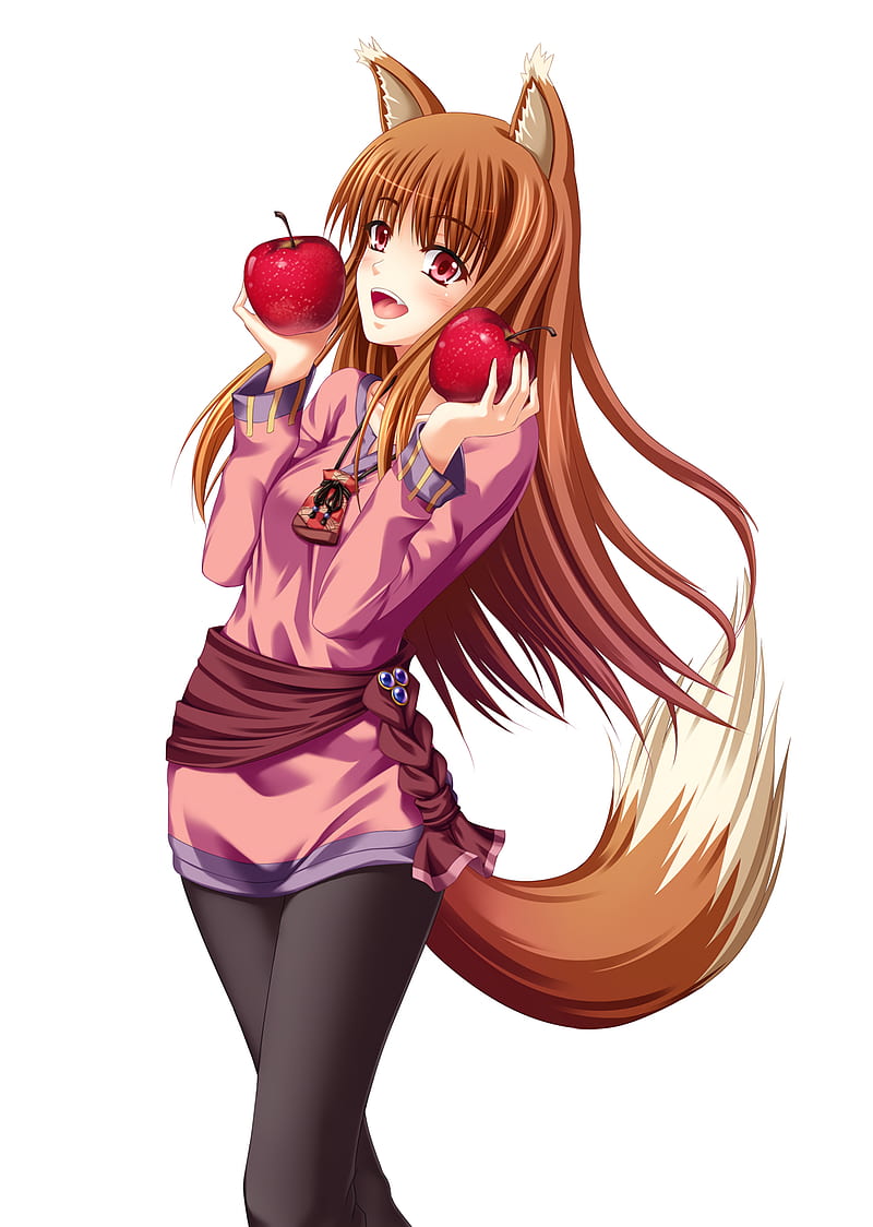 anime, anime girls, Spice and Wolf, Holo (Spice and Wolf), long hair, brunette, red eyes, animal ears, tail, apples, HD phone wallpaper