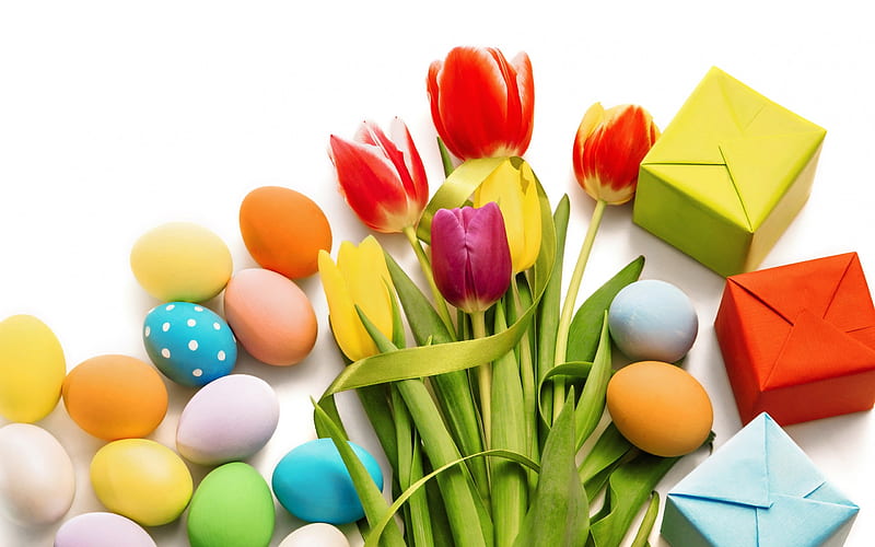 Happy Easter, bouquet of tulips, spring decoration, decorated eggs, gifts, easter decoration, HD wallpaper