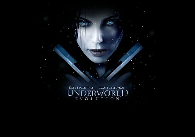 Underworld: Evolution 2006, poster, underworld, movie, Kate Beckinsale, black, fantasy, selene, evolution, vampire, blue eyes, HD wallpaper