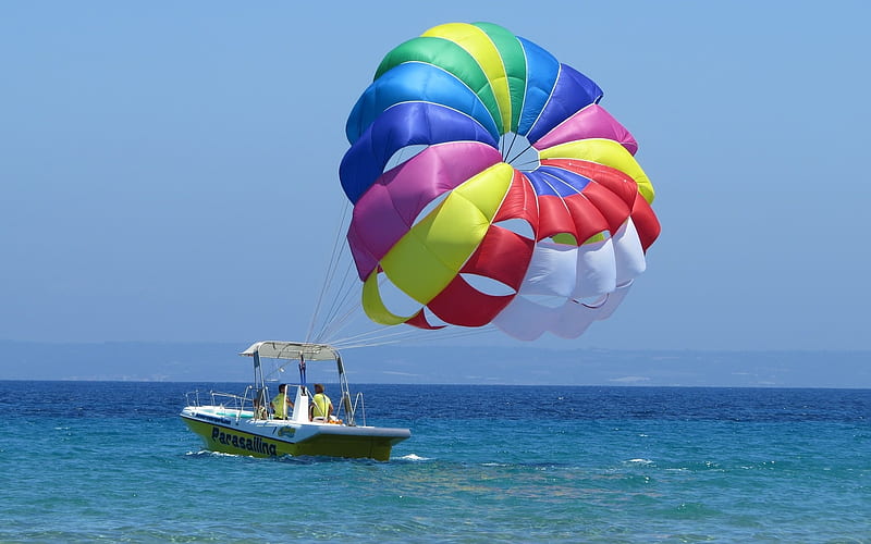 Parasailing in Greece, cutter, Greece, parachute, sea, HD wallpaper