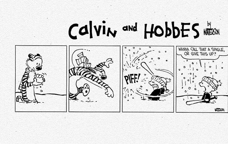 Calvin and Hobbes Snowball Baseball, fail, calvin, calvin and hobbes, hilliarious, piff, watterson, pointless, ball, snowball, logo, snow, hobbes, bat, single, baseball, HD wallpaper