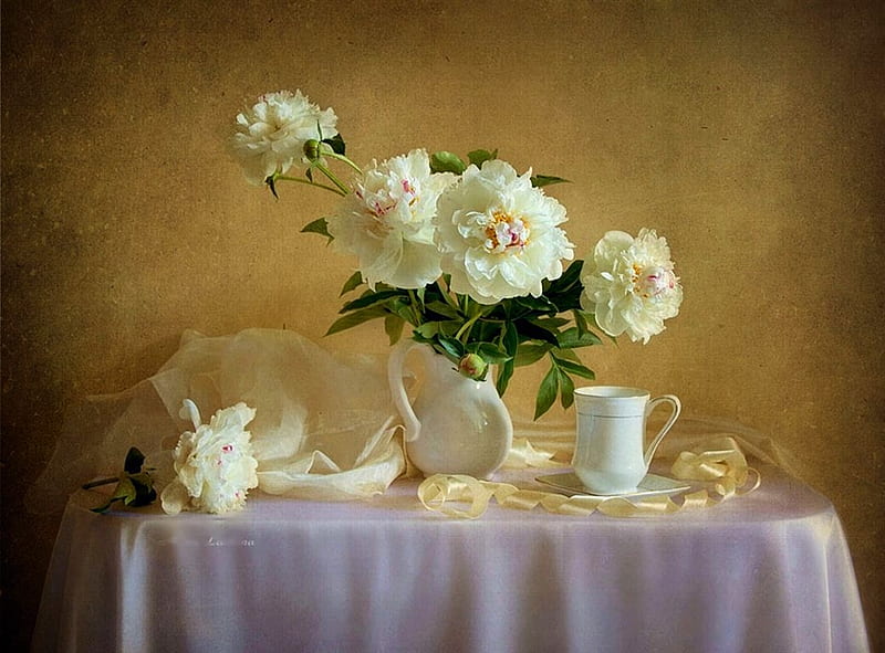 Still Life, table, flowers, cup, tablecloth, white, peonies, HD wallpaper