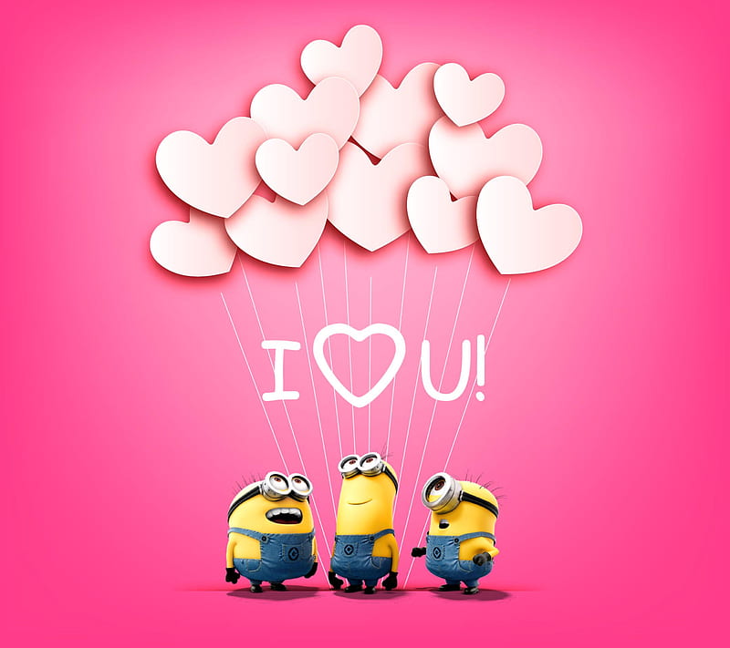 minion love you, cute, corazones, i love you, love, minions, pink, valentines, HD wallpaper