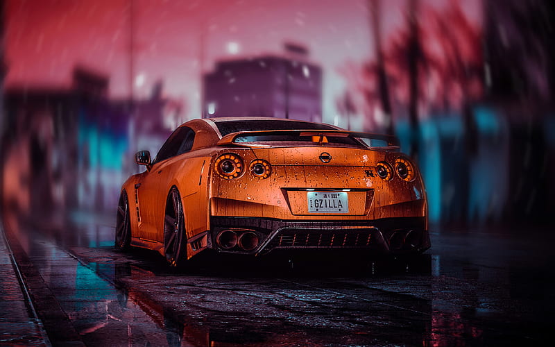 Nissan GT-R, back view, tuning, R35 supercars, 2019 cars, orange GT-R, japanese cars, Nissan, HD wallpaper