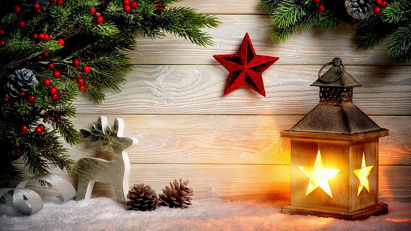 Christmas Day, Lantern, Day, Christmas, Stars, Santa Reindeer, Berries, HD wallpaper