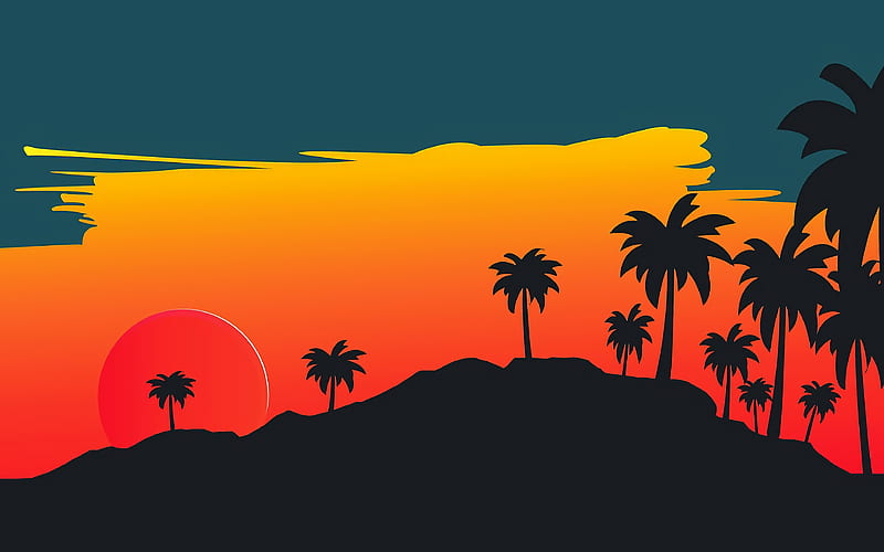 sunset, silhouettes of palms, bright sun, mountains, creative, HD wallpaper
