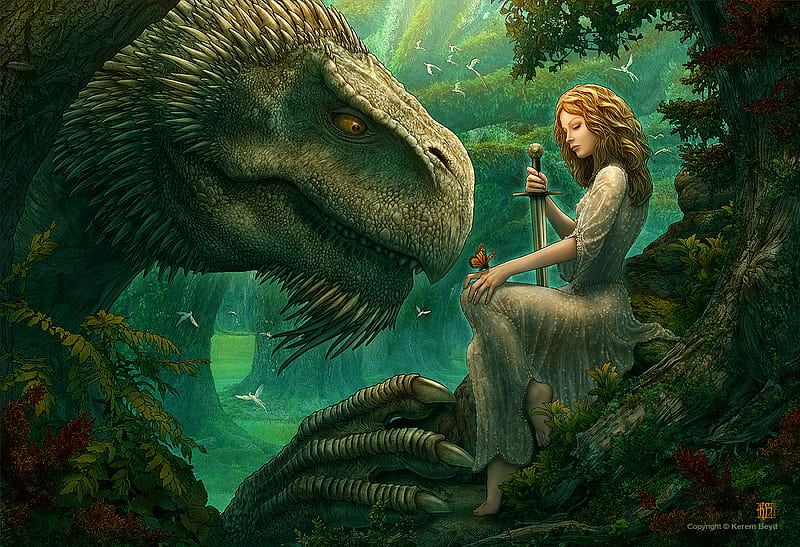 Playtime, beauty, forest, lady, dragon, HD wallpaper