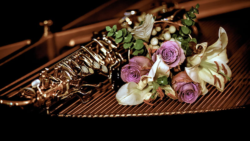 Music, Trumpet, Bouquet, Flower, Instrument, Lily, Rose, HD wallpaper