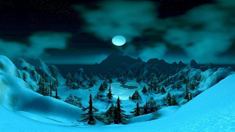 WINTER MOON, stars, forest, trees, sky, winter, moon, snow, mountains, night, HD wallpaper